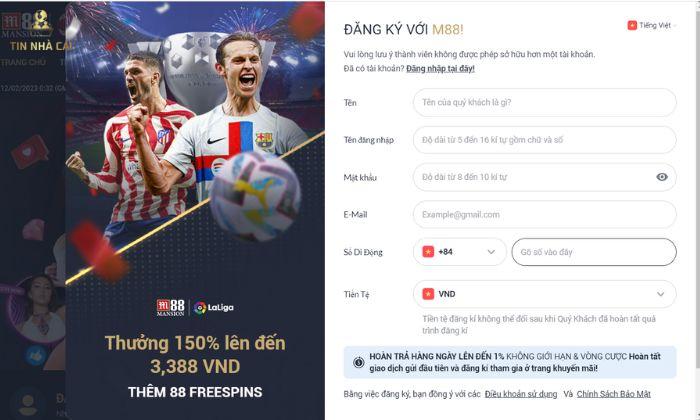 Biểu mẫu đăng ký tài khoản tại nhà cái M88
