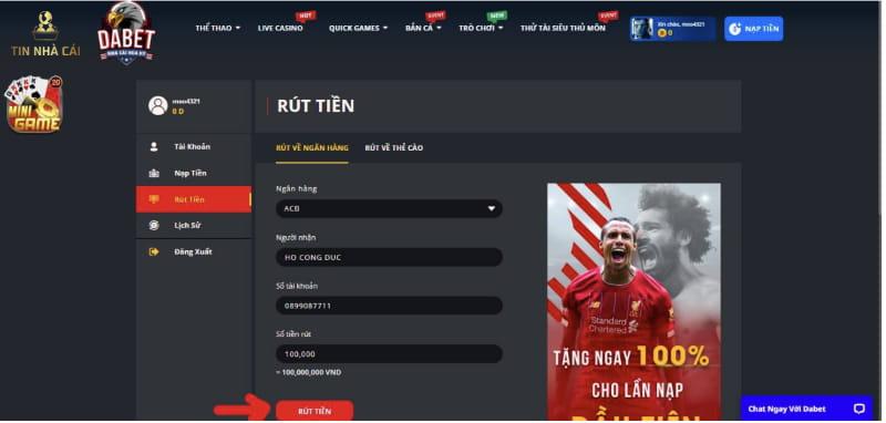 Dabet - Nhà cái cá cược uy tín, đẳng cấp đến từ Hoa Kỳ 11 Giao diện rút tiền tại Dabet