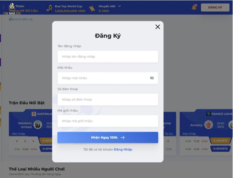 Form tạo tài khoản thành viên tại nhà cái One88
