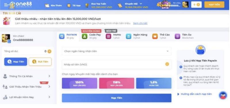 Nhà cái One88 cung cấp nhiều phương thức nạp tiền cho người chơi lựa chọn